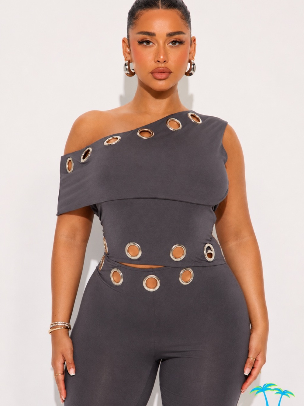 One-Shoulder Charcoal Grommet Cutout Jumpsuit